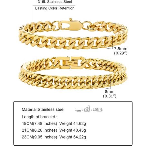 2Pcs Cuban Link Chain Bracelet Sturdy Stainless Steel Curb Width Cuban Link - Picture 6 of 6